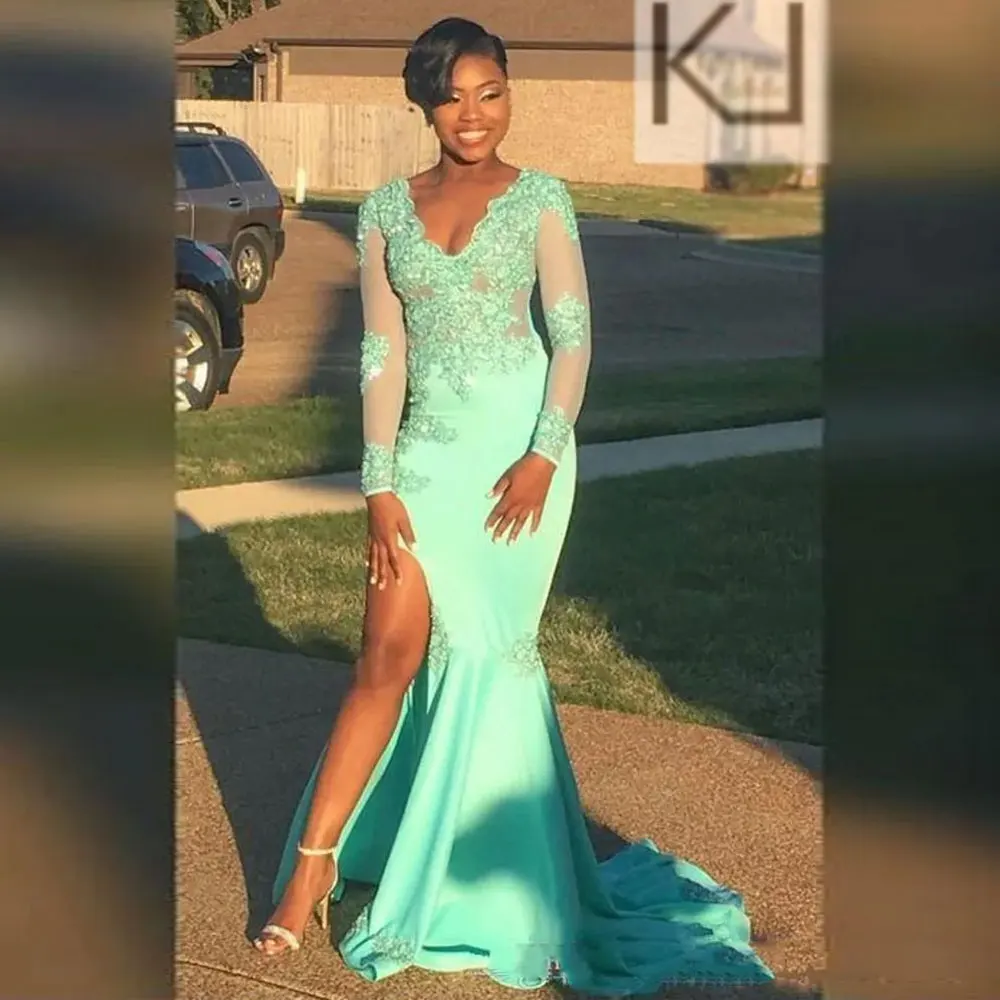 African Mint Green Evening Dresses For Black Girls Long Sleeves V Neck Side Slit Mermaid Prom Gowns Lace Applique Beaded Robes hot girls gold sequin pink lace girls birthday new year dresses celebration gowns flower girl dresses 2021 with long sleeves