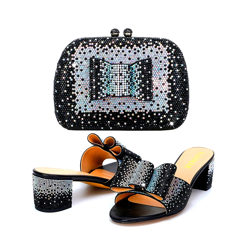 

Fashionable New Design Nigerian Design Italian Women Shoes and Bag Set in Black Color Decorate with Rhinestone for Party