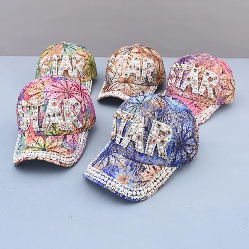 New Fashion Women Multicolor Printing Baseball Cap Bling Pearl Decoration Casual Caps Adjustable Outdoor Summer Hats