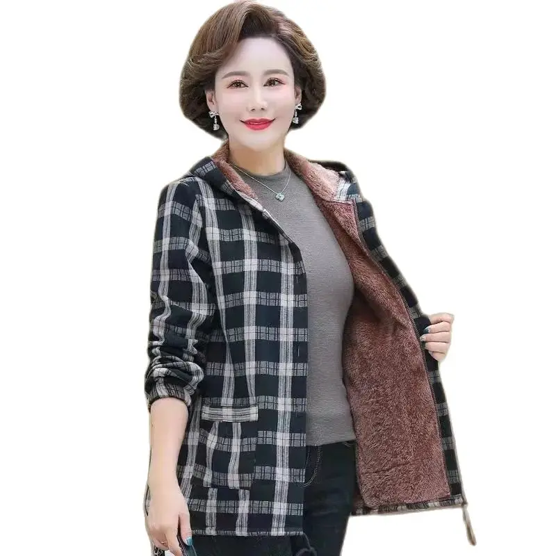 

Middle-Aged And Elderly Cotton Coat Tops 2022 New Spring Autumn Winter Jacket Thickened Hooded Keep Warm Plaid Casual Outerwear
