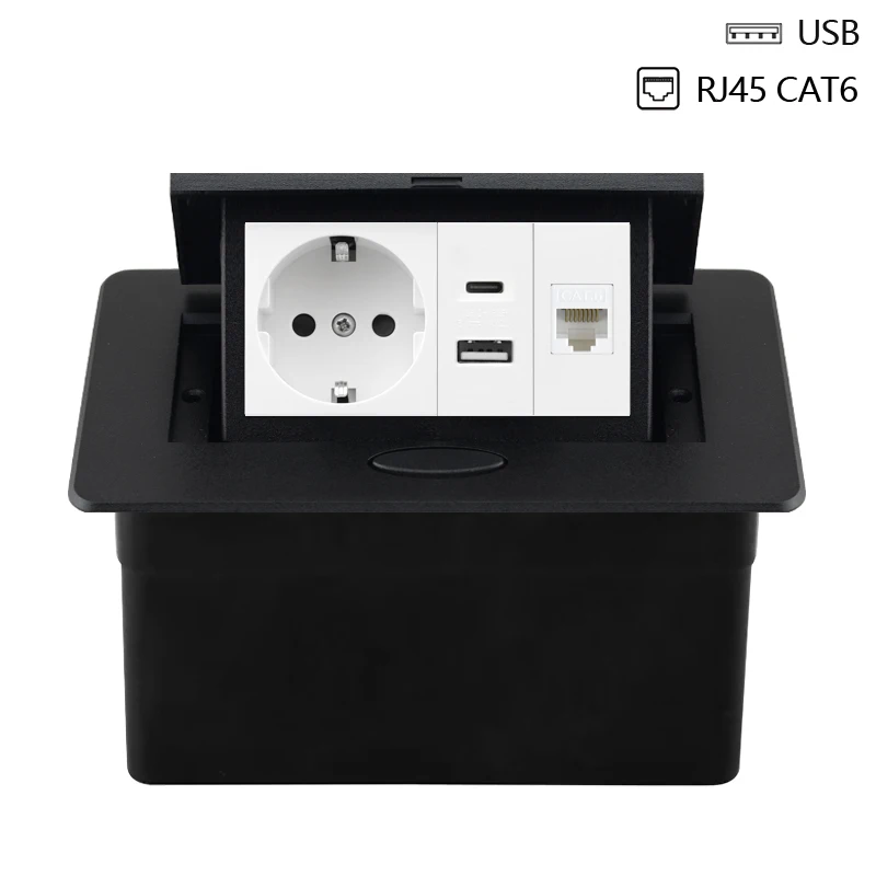 Desktop Power Socket with Dual USB and Type-C Interface, 220V Pop-Up Hidden EU Socket