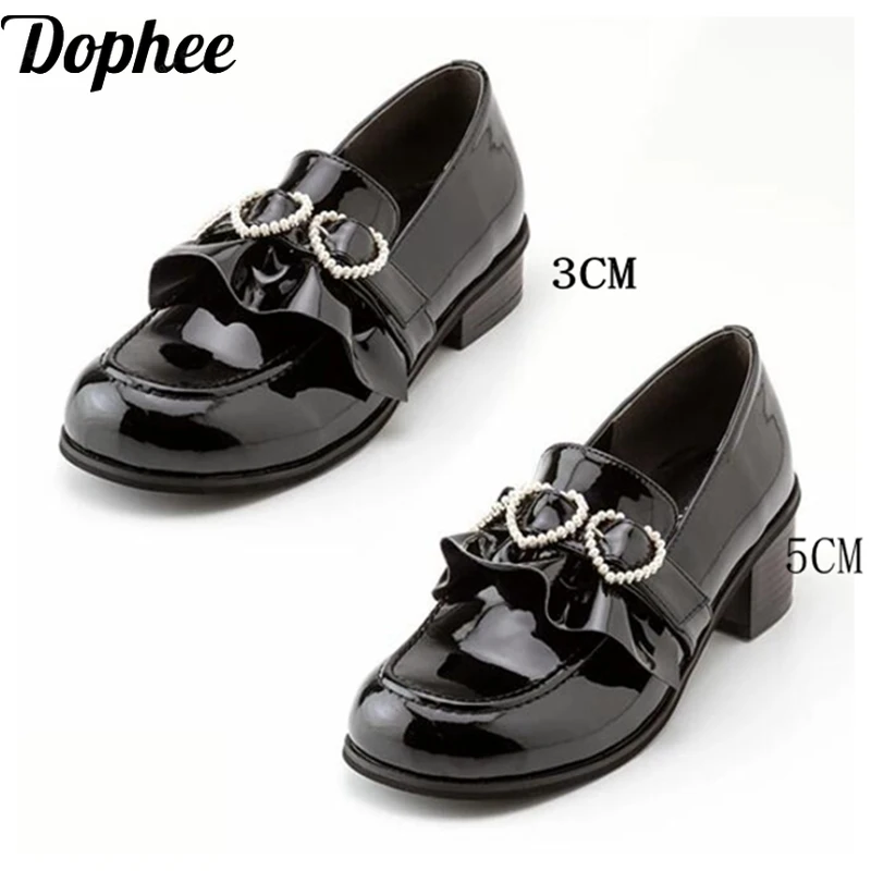

Dophee Original Japan Style Cute Pearl Love Women Shoes Lolita Girls School Black Patent Pumps Round Toe Gothic Mary Jane Shoe