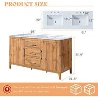 60" Double Bathroom Vanity with Sink, High Gloss Woodgrain Cabinet with 3 Hole Sink & & Drawers, Vanity with 2 Soft Close Doors 2