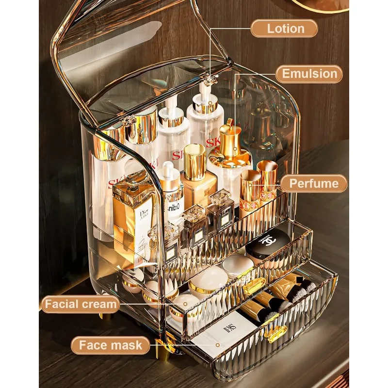 Makeup Organizer, Large Capacity Cosmetics Makeup Organizer for Vanity, Dustproof Waterproof Cosmetics Display Case 4