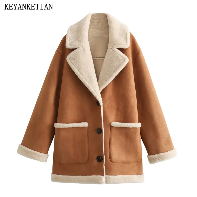 

KEYANKETIAN Winter New Women's Artificial Double Faced Fur Padded Thick Warm Suede Coat Casaco Feminino Notched Collar Outerwear