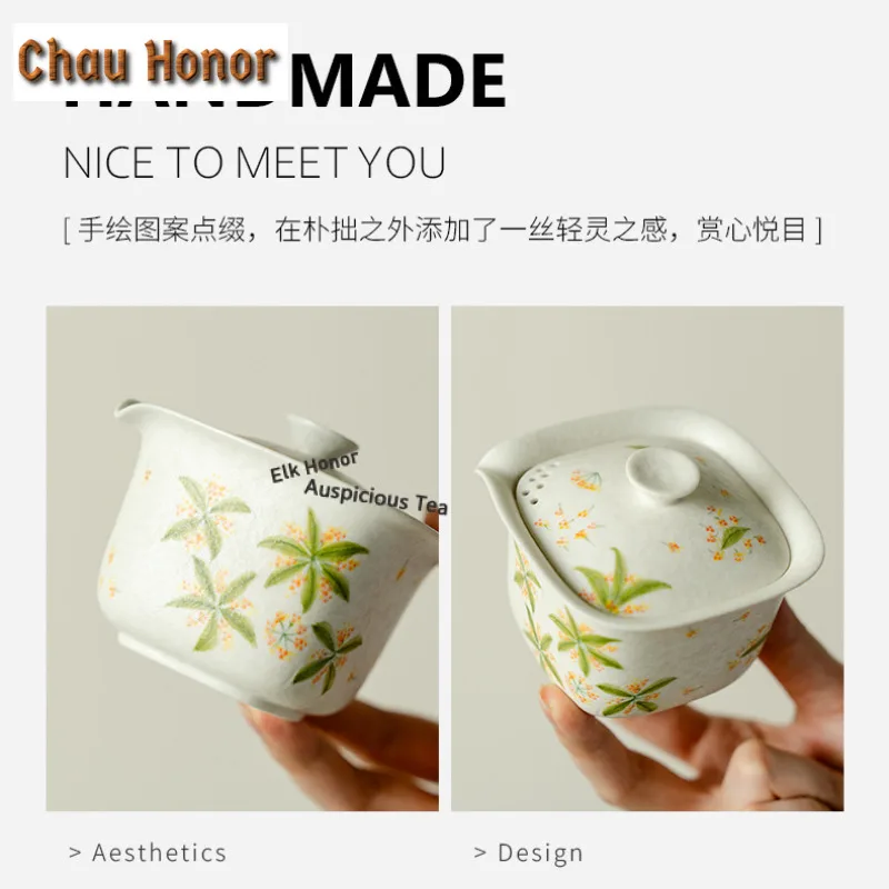 Hand-painted Osmanthus Flowers Travel Tea Set Kit Antique 1 Pot 2 Cups Tea Brewing Organizer Portable Picnic Tote Bag Decoration
