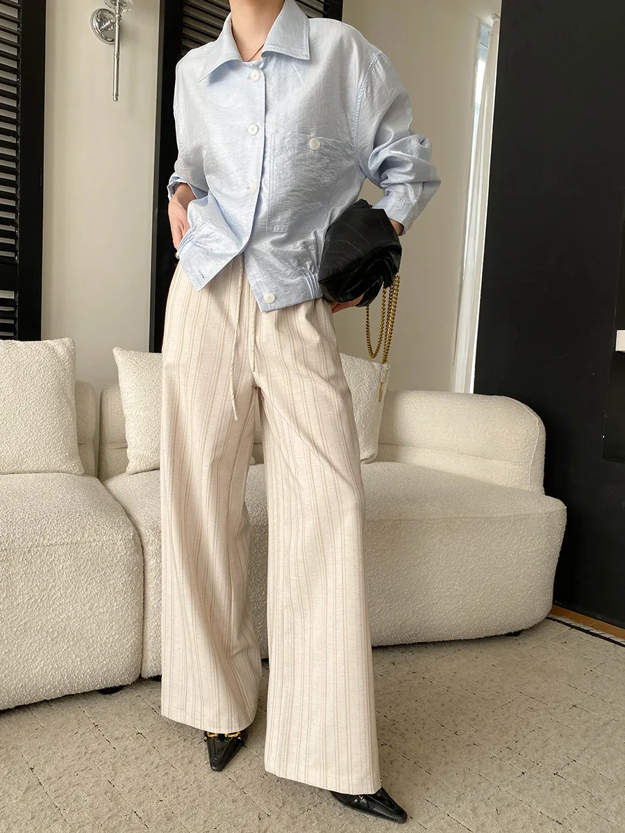Frühlingshose für Damen, lässig, gestreift, hohe Taille, lockerer Schnitt, schlank machend, weites Bein – Detail 5