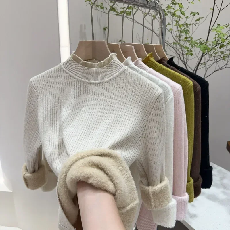 

Winter Casual Velvet Warm Sweaters Fashion Half High Collar Lace Knitted Jumper Sweater Office-lady Solid Warm Pullovers 29787