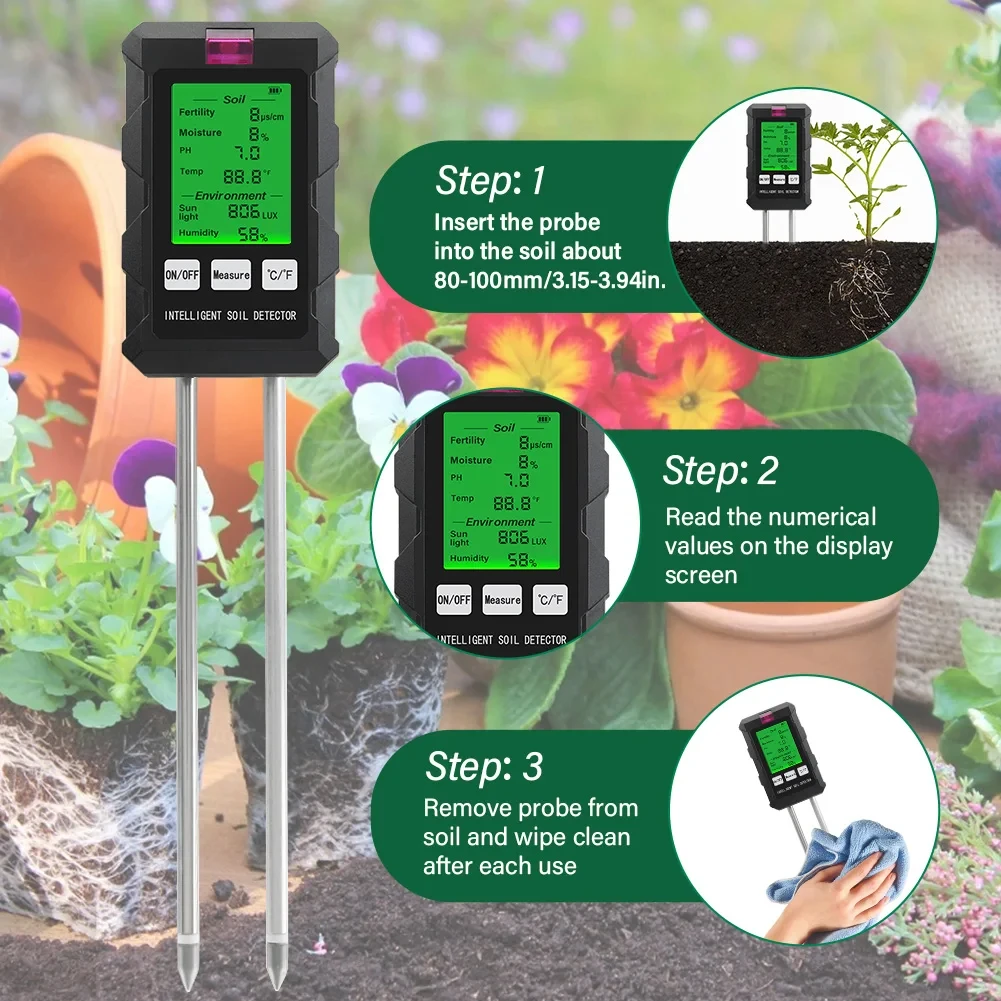 SPH030 6 in 1 Soil Tester Digital PH Moisture Fertility Light Temp Humidity Mete