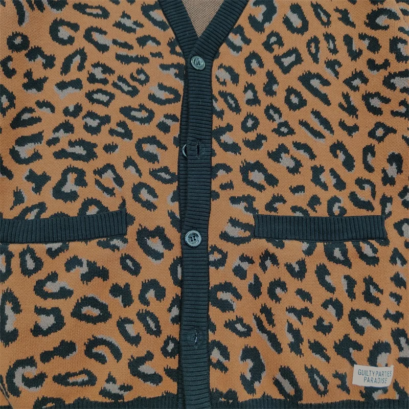 Pdmcms 23aw New Japanese Classic Leopard Print Pure Cotton Yarn Knitted Sweater V-neck Cardigan For Men