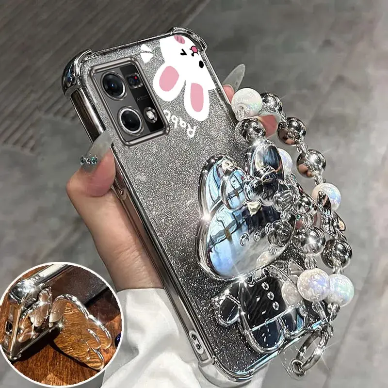 Airbag Glitter Mirror Rabbit Phone Holder Case with Anti-Knock Stand Back Cover