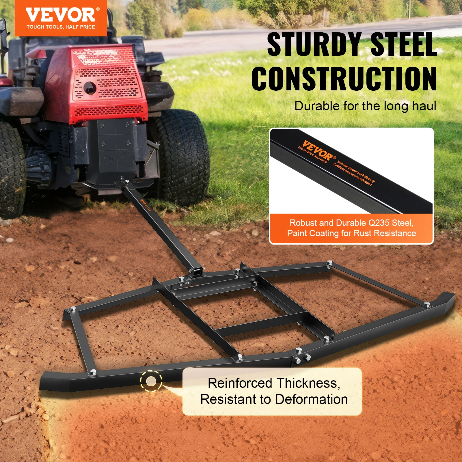 VEVOR Driveway Drag 67.7 inch Width Tow Behind Drag Harrow Q235 Steel Driveway Grader with Adjustable Bars Support up to 50 lbs 2