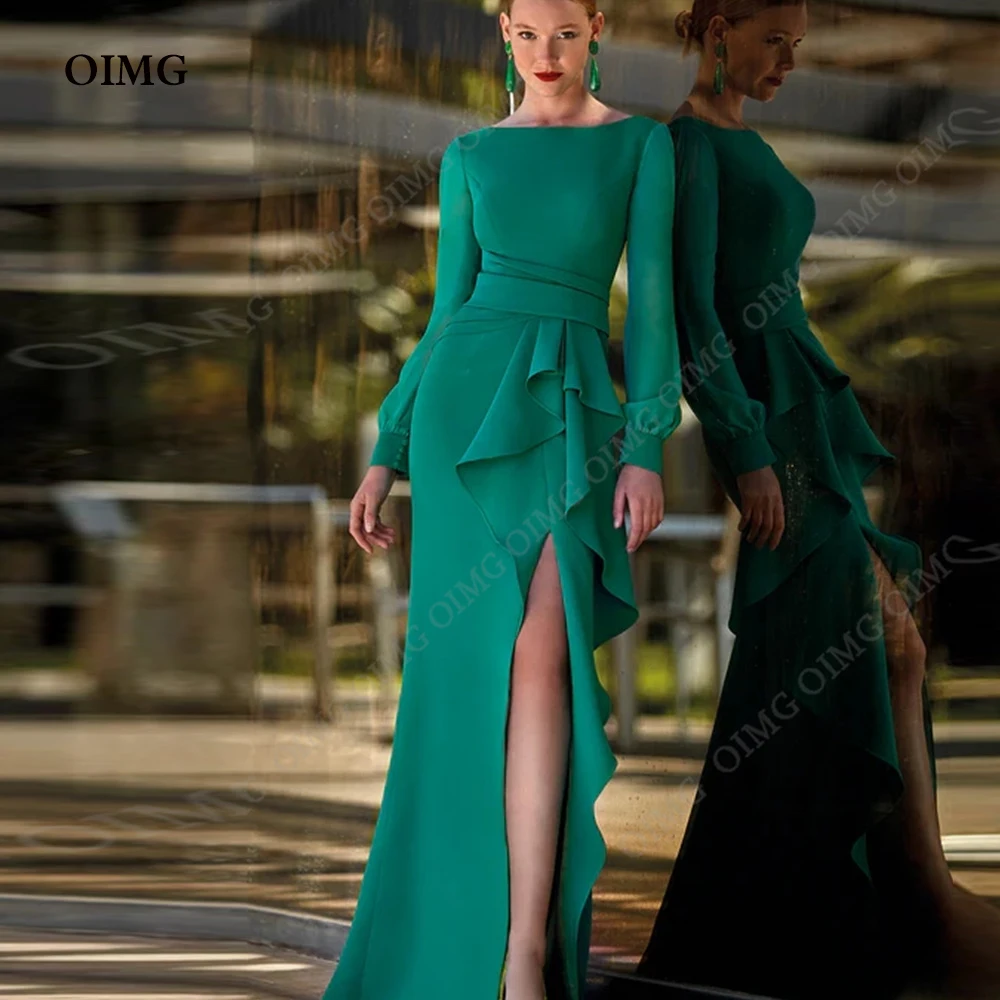 

OIMG Simple Green Ruched Evening Dress for Wedding Party Long Sleeves Satin Dubai Celebrity Formal Event Night Prom Gowns