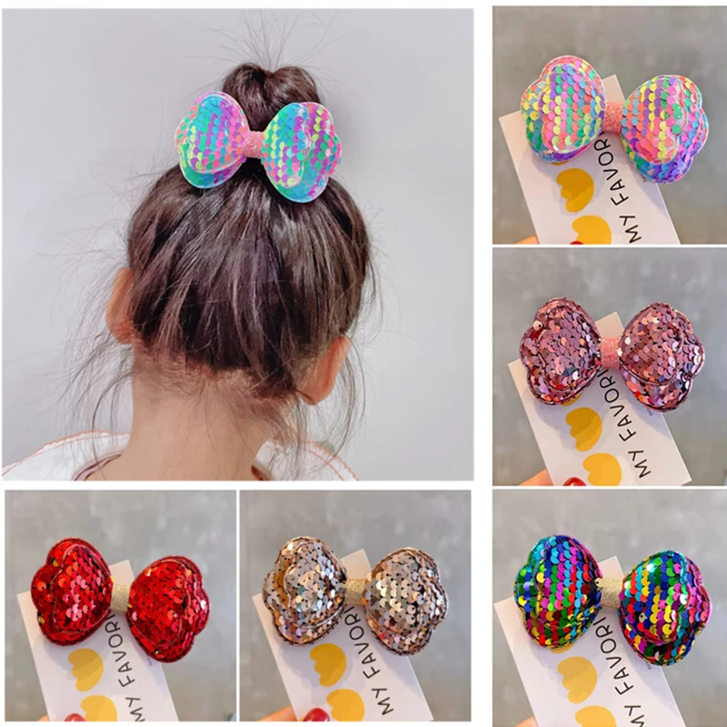 

10Pcs/Lot Glitter Sequin Girls Clip Bows Children Hairs Tie Knot Creativity Handmade Hairpins Fashion Hair Accessories For Kids