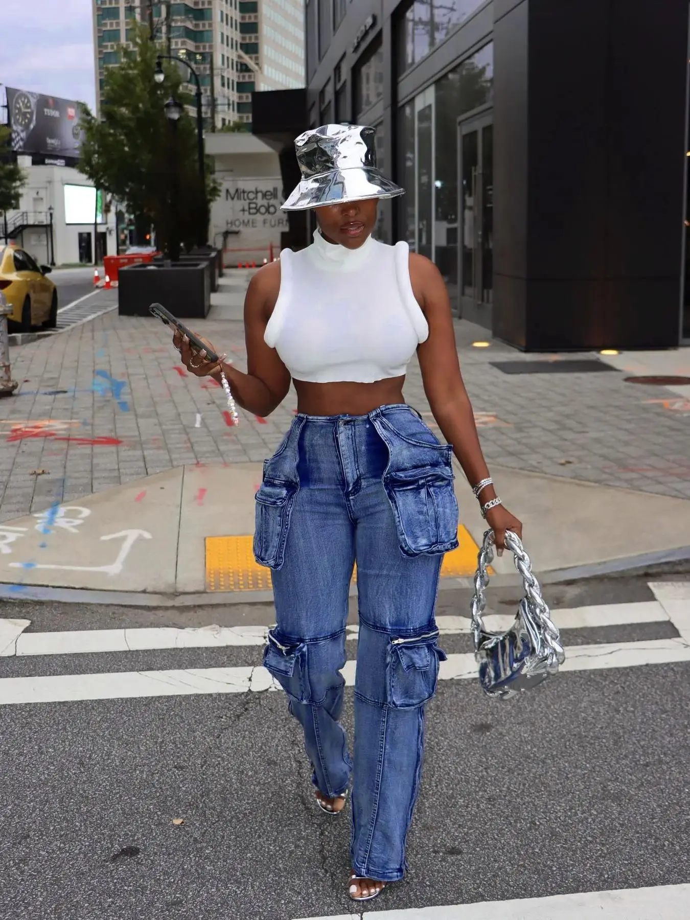 

European and American high street fashion multi-pocket splicing design washed mid-rise straight denim overalls