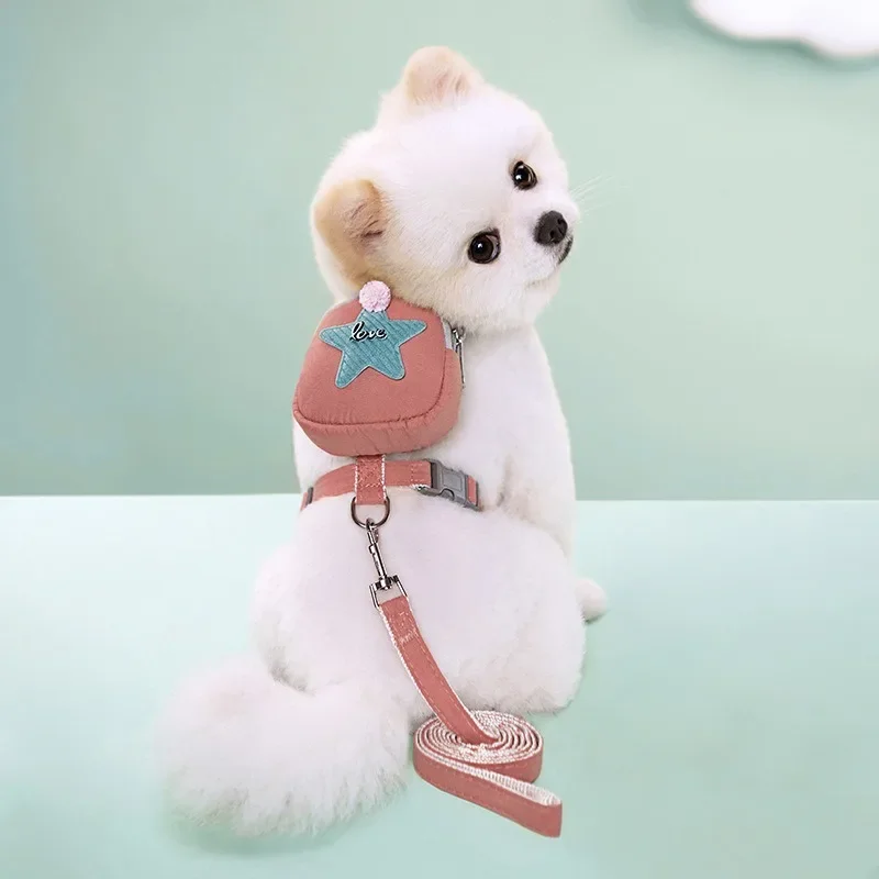 Pet Dog Harness With Bag Cute Pet Backpack With Leash Set Five-Pointed Star Decoration For Daily Walking Hiking Training