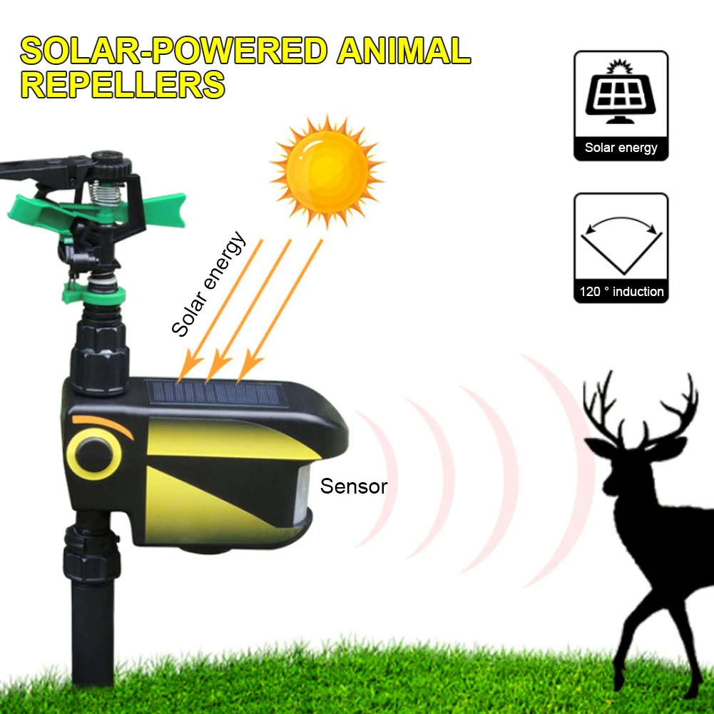 

Solar Powered Motion Activated Animal Repeller Sprinkler Automatic Rotating Large Area Outdoor Garden Animal Deterrent Sprinkler