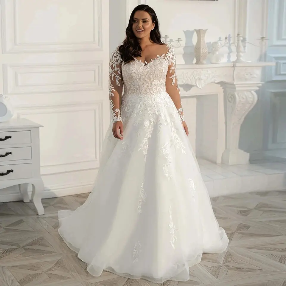 Custom Made Vintage Lace Appliques Wedding Dresses Elegant Plus Size Long Sleeves Scoop A Line Tulle Bridal Wedding Gowns