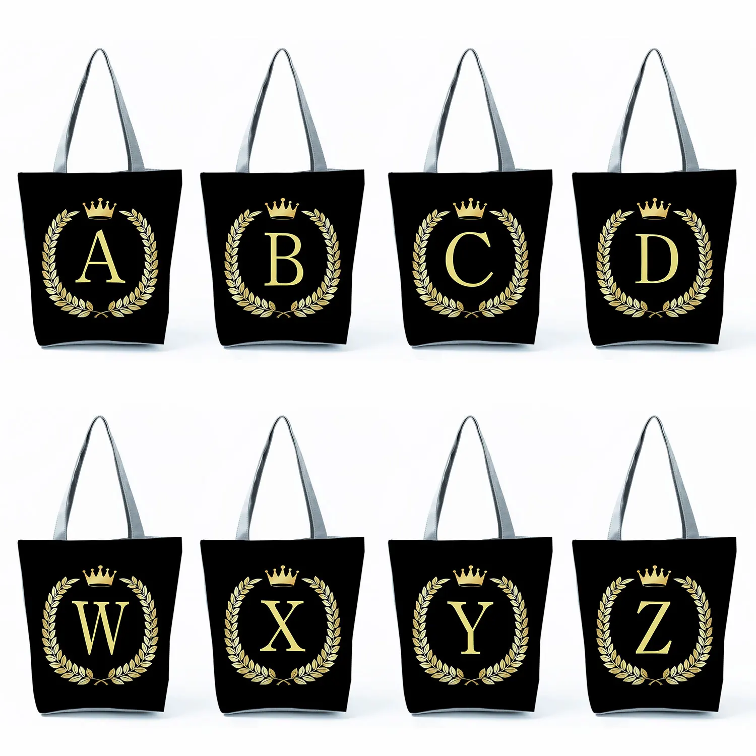 

Tote Shoulder Shopping Bag 26 Initials Wheat Ears Personality Custom Name Luxury Golden Letters Print Black Women's Handbags Eco