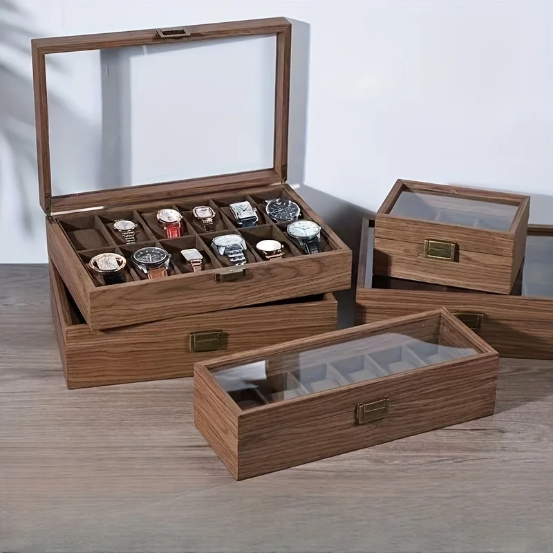 1pc Walnut Wooden Watch Box, European Wrist Watch Storage Box, Dustproof Watch Organizer Display Case, With Transparent Lid