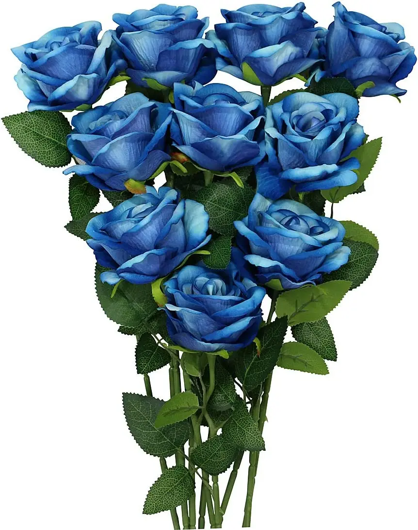 

0PCS Blue Artificial Flowers Bouquets, Fake Flannel Roses,, Wedding Party Home Office Decoration