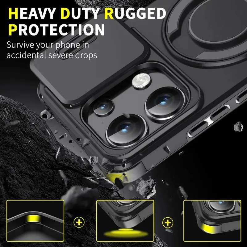 Enhanced Armor Case with 360° Rotating Magnetic Metal Ring and Car Holder - Shockproof with Slide Lens Protection