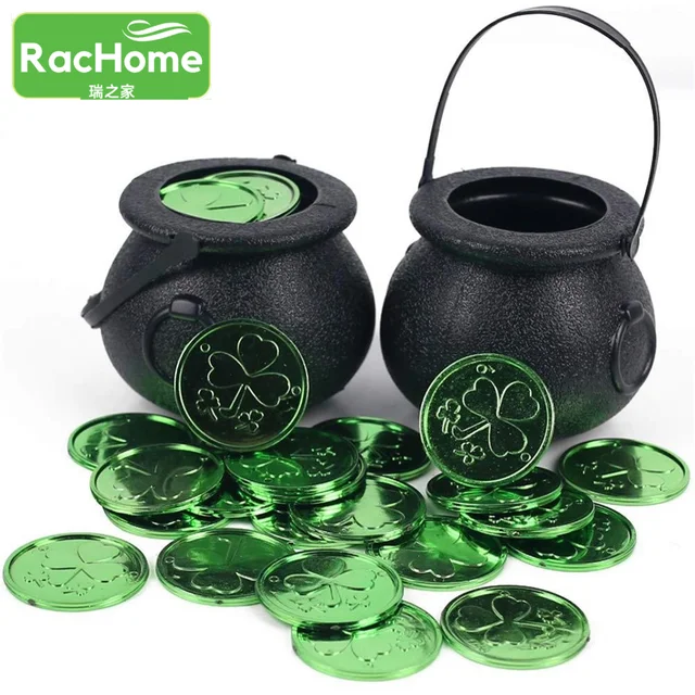 Szent Patrik Szerencsés Shamrock Műanyag Érmék + Cukorka Kannák Ír Zöld Lóhere Dekoráció Kincsvadászat Játékszerek 25Pcs - Image 3