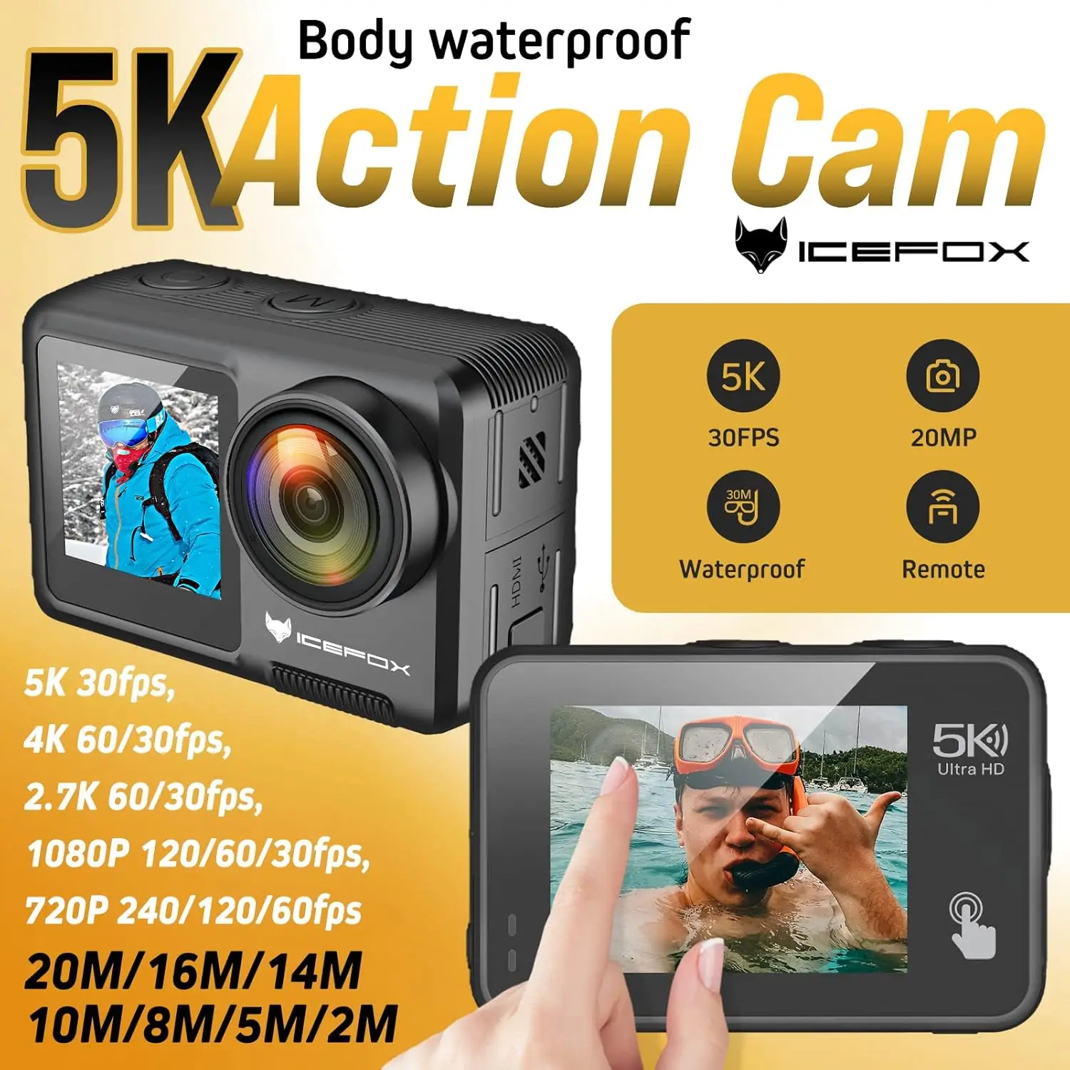 Action Camera 5K 30FPS 20MP with Touch Screen, 98FT Waterproof Underwater Camera, EIS 4X Zoom Adjustable View Angle Remote Contr