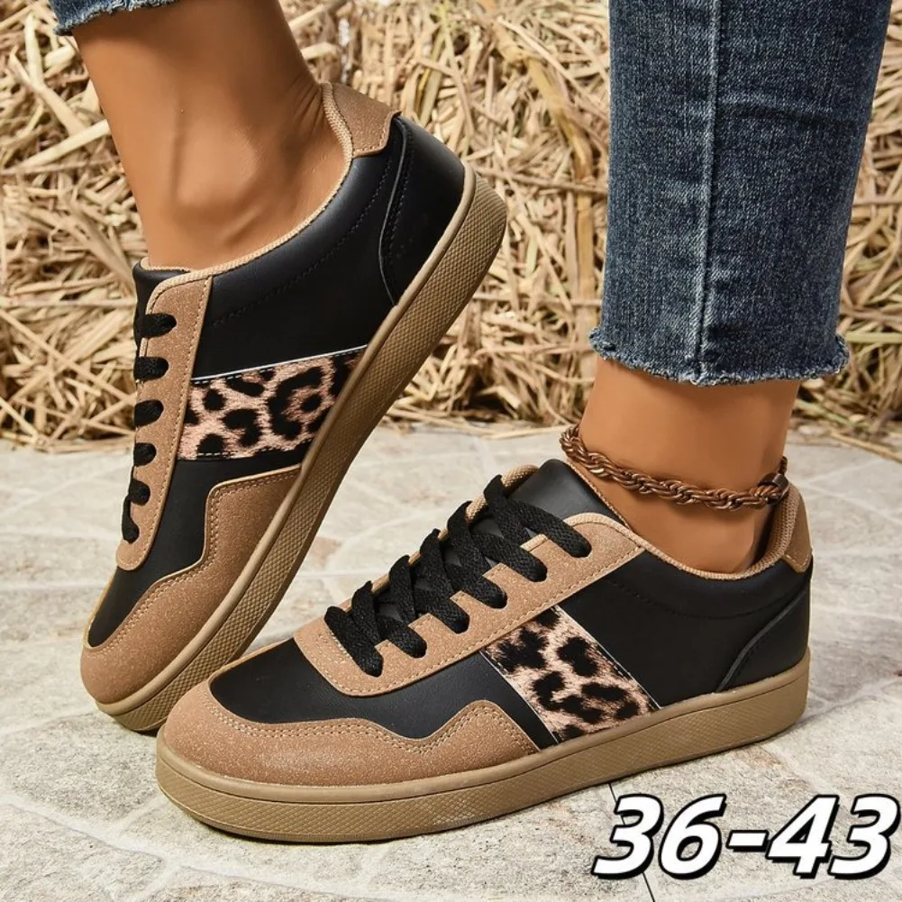 Retro Leopard Print Women's Deqin Shoes Handmade round Toe Large Size Matching Lace-Up Board Shoes Autumn Seasonal Casual Footwe