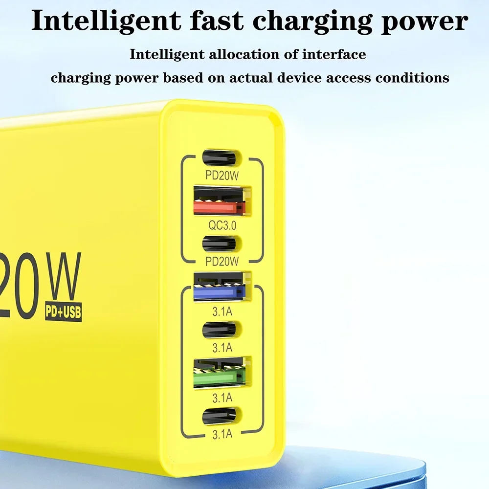 Caricatore USB da 120 W con porte multiple, ricarica rapida, adattatore per caricabatterie per telefono di tipo C, caricatore da muro con presa EU/US per iPhone Samsung Xiaomi Huawei - immagine 4