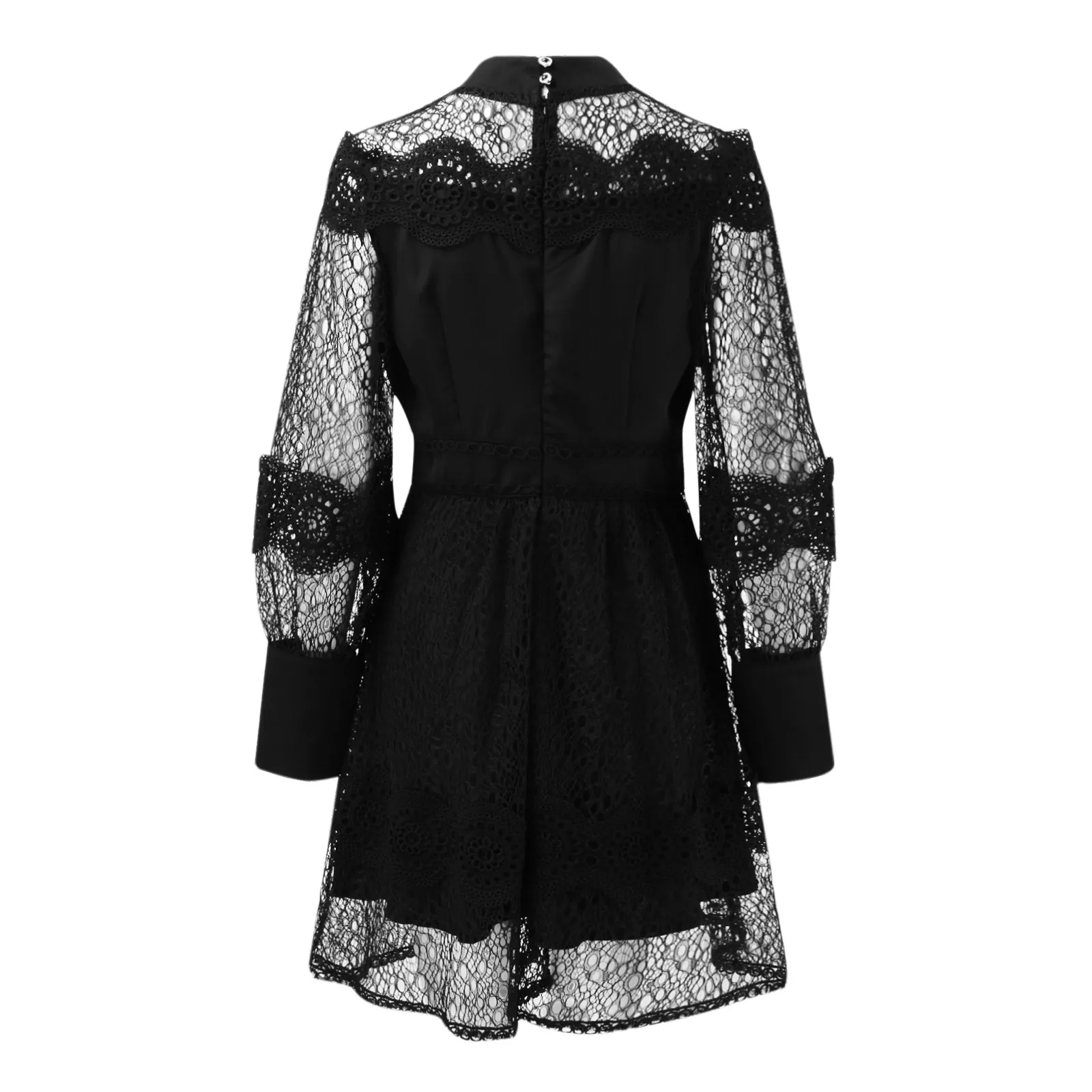 White Elegant Patchwork Embroidery Dress For Women Stand Collar Lantern Long Sleeve High Waist Dresses Female Lace Ruffled Dress