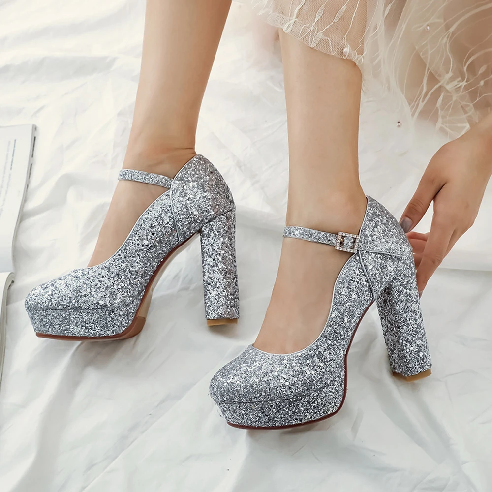 Sparkly Silver Glitter Wedding Shoes 2020 Leather Rhinestone