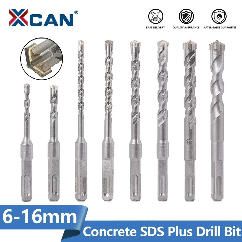 XCAN 6-16mm SDS Plus Drill Bit with Square Shank Cross Head Masonry Hole Drill Cutter for Hammer Drill Wall Brick Block Drilling