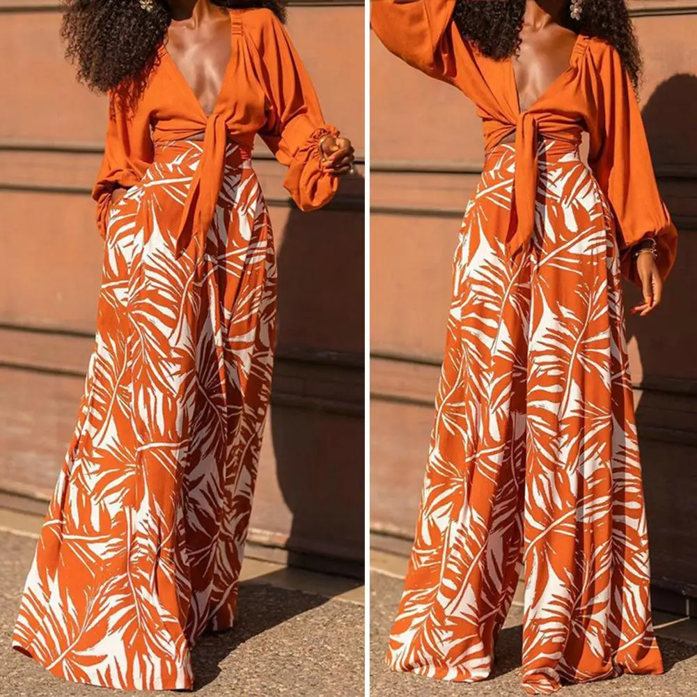 

Printed Pants Top Set Leaf Print V Neck Lace Up Top A-line Maxi Culottes Set for Women High Waist Loose Blouse Pants Suit Spring