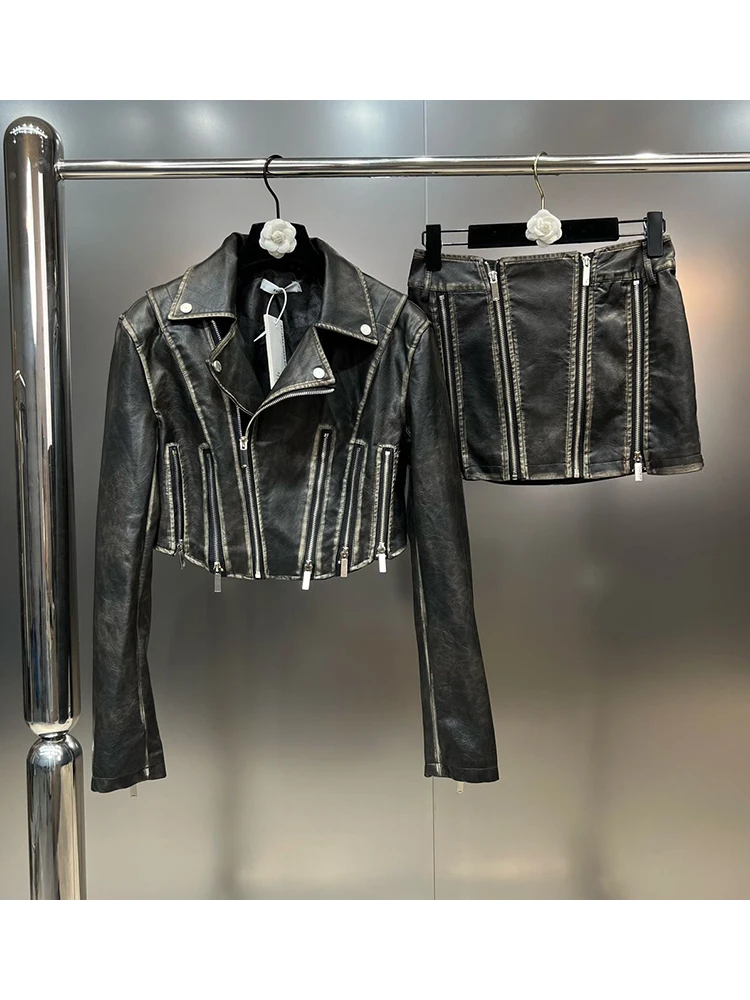 

HIGH STREET Newest Fashion 2023 Suit Set Women's Polo Collar Long Sleeve Multi Zipper Decorative PU Leather Jacket Skirt Set