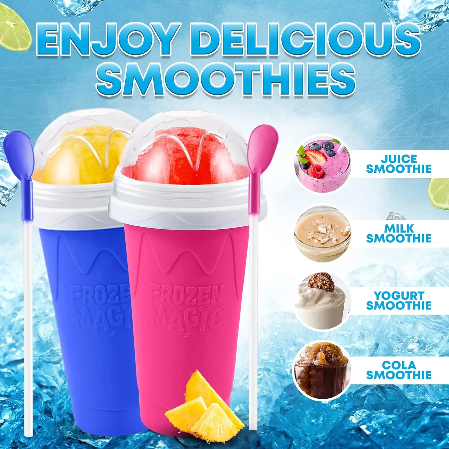 Magic Slushy Maker Squeeze Cooling Frozen Cup Portable Smoothie Slushie Cup for Juices Milk Ice Cream with Lid & Straw for Kids