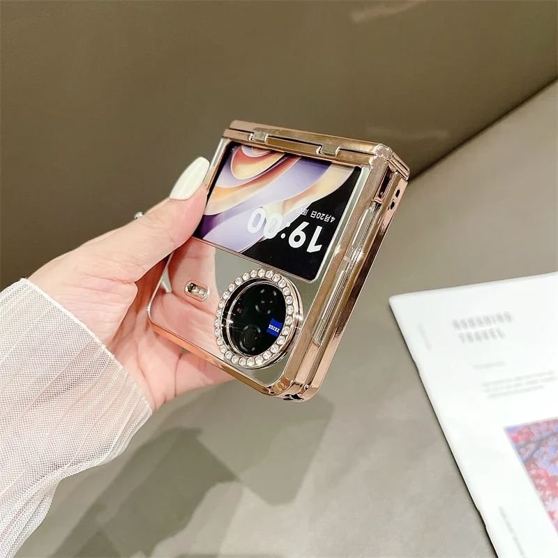 Electroplated Mirror Makeup Phone Case For VIVO X Flip Hard PC Back Cover For VIVO X Flip Camera Belt Drill Case Shell