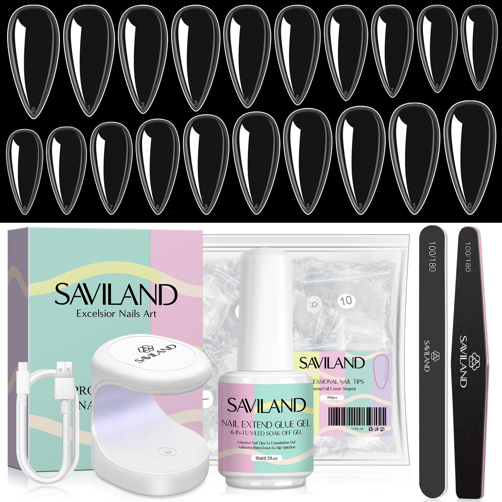 thumbnail image 1 of SAVILAND - Kit de 500 piezas de uñas de gel X para extensiones de uñas, cobertura total, uñas esculpidas tipo almendra con lámpara LED UV, 1 of 4