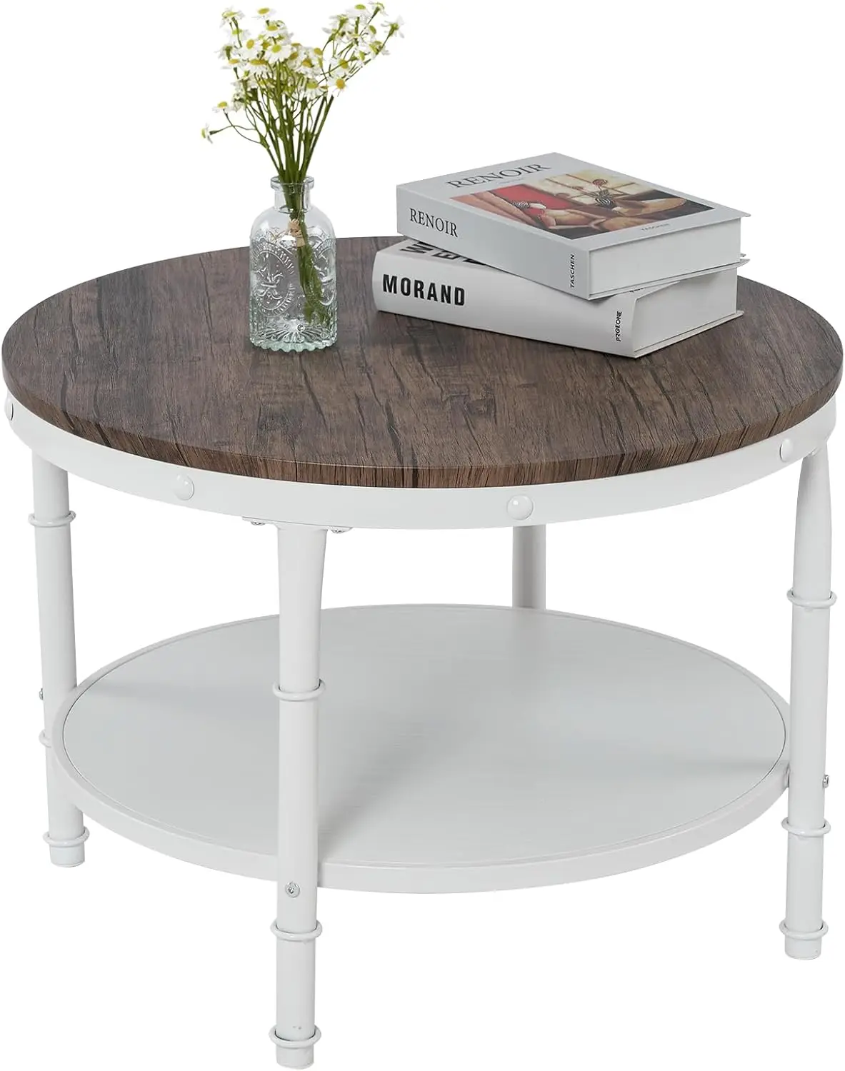 VINGLI 25.6" Dark Walnut White Round Farmhouse Coffee Table, 2-Tier Storage Wood Center Circle Accent Table for Living Room, Bed 6