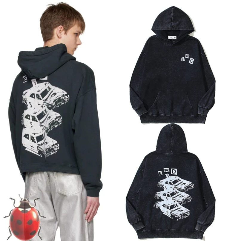 Three Racing Print Washed ERD Hoodie Black High Street Loose Fit Sweatshirts Men Women Fall Winter Heavy Terry Clothing Pullover