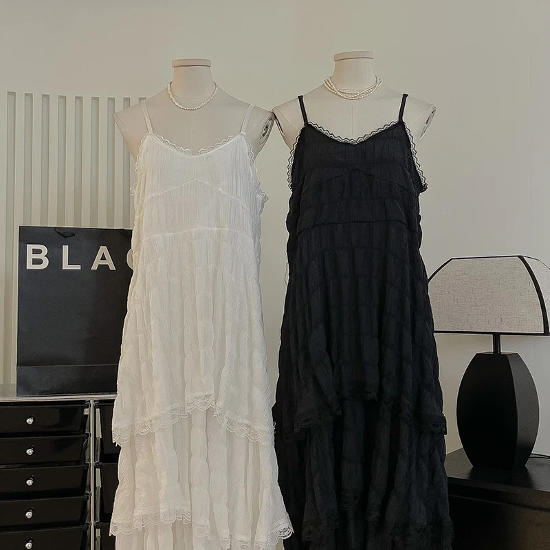 순수한 욕망 레이스 가장자리 탱크 드레스 2024 여름 새로운 여성 의류 슬리밍 하이 웨이스트 플리츠 긴 a 라인 스커트 