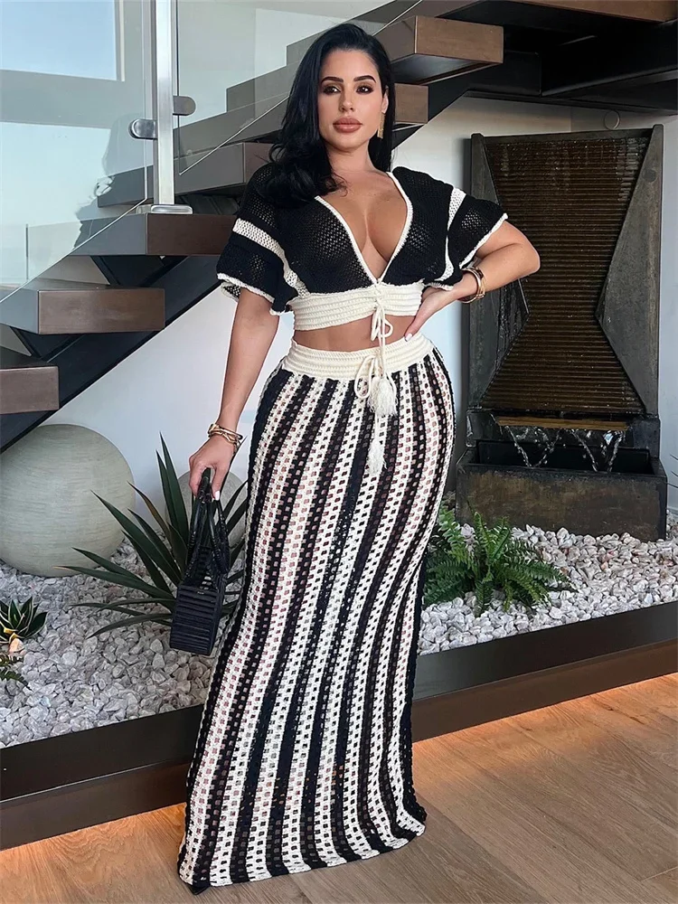 Wmstar Women Two Piece Set Sexy Elegant Knitted Crochet Beach Stripe Crop Tops Long Skirts Matching Set Holiday Birthday Outfits