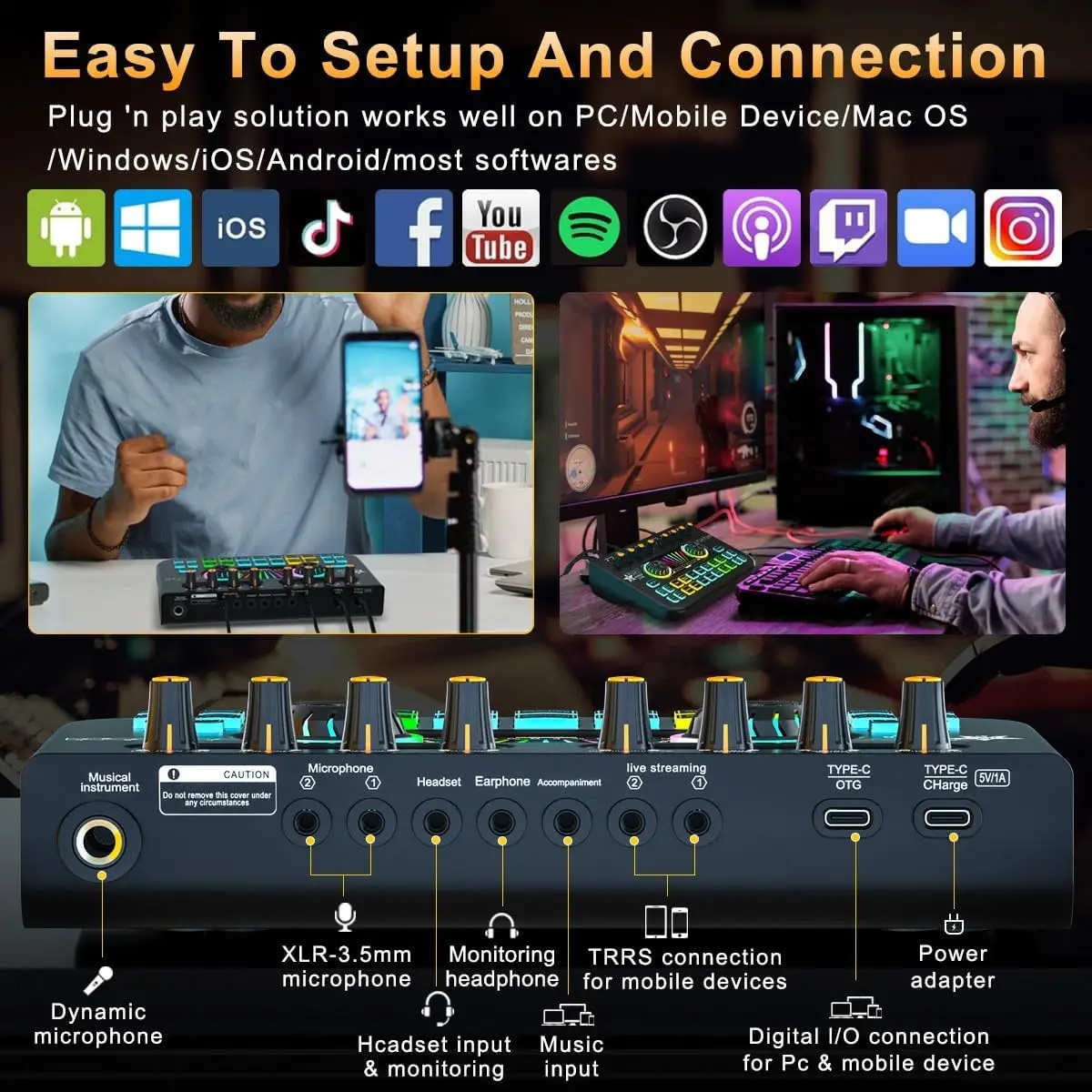 Sound Card Audio Interface Audio Mixer Gaming Audio Mixer Streaming Mixer with Audio Interface BT Sound Board Voice Changer Sound Card for PC Phone Live Streaming