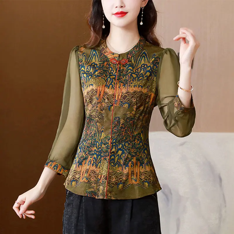 

Cheongsam Women's Tang Costume Tops 2023 Summer Cotton Blend Prints Splice Stand Collar Short Sleeve Chinese Style Qipao Shirts