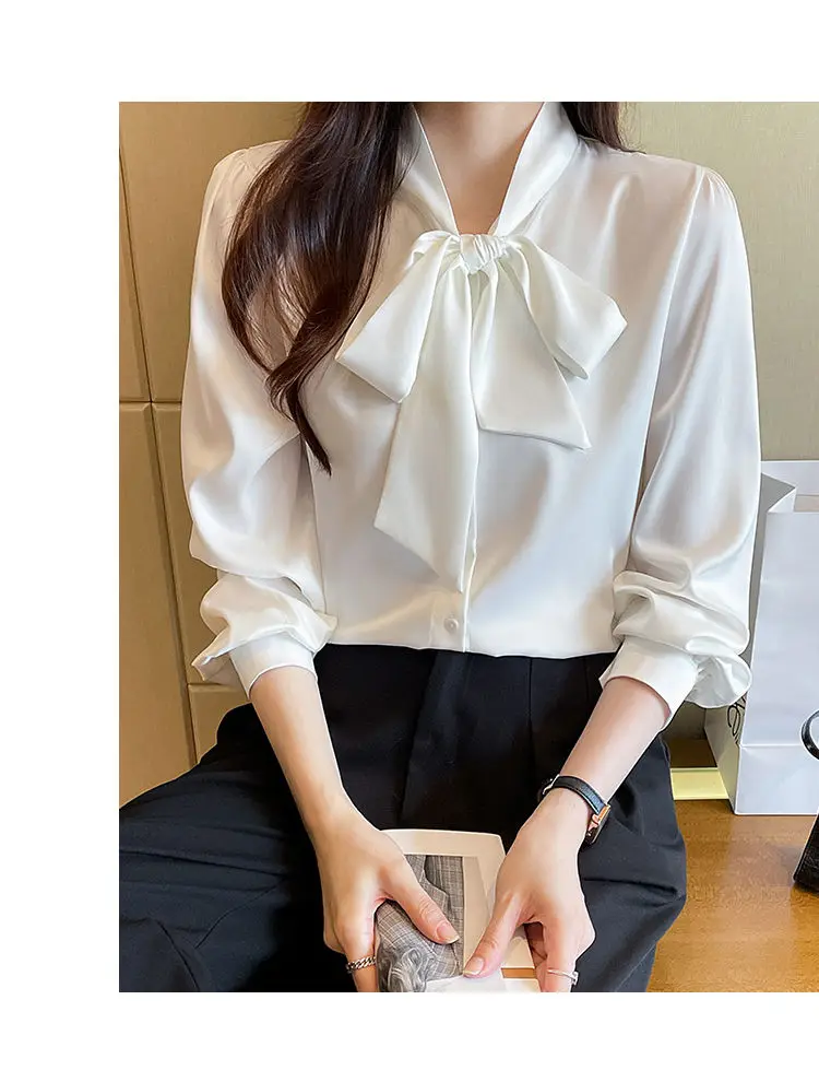 Korean Lacing Loose Solid Blouse Spring Autumn New Chiffon Long Sleeve All-match Elegant Shirt Tops Fashion Office Women Clothes