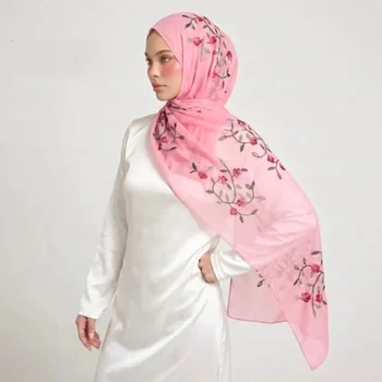 Floral Embroidered Muslim Hijab Shawl, Soft Breathable Lightweight Wrap Scarf for Women Daily Wear Fashion Headwear