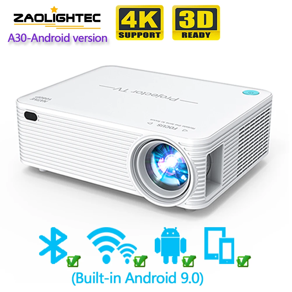 ZAOLIGHTEC A30 Support 4K Native 1920x1080P Smart Android 10.0 Wifi LED Video Home Theater 1080P HD Projector for Smartphone