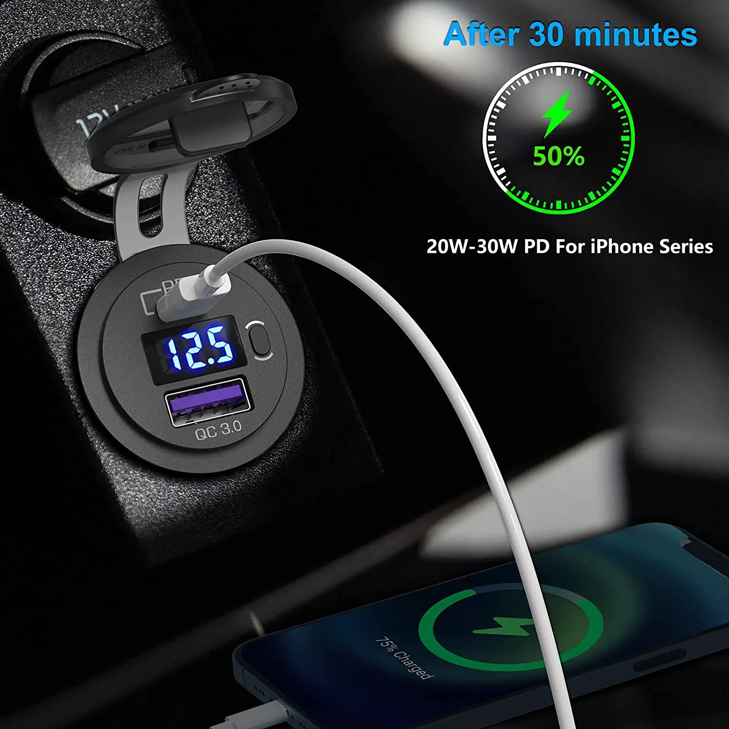 Car Charger USB C 12V/24V Dual Socket PD3.0 QC3.0 with LED Voltmeter On/Off Switch