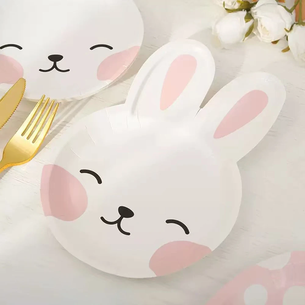 Niedliches Kaninchen-Einweggeschirr aus Papier, Haseneier, Teller für Frühling, fröhliche Osterdekorationen, Häschen-Thema, Geburtstagsparty-Zubehör – Detail 9