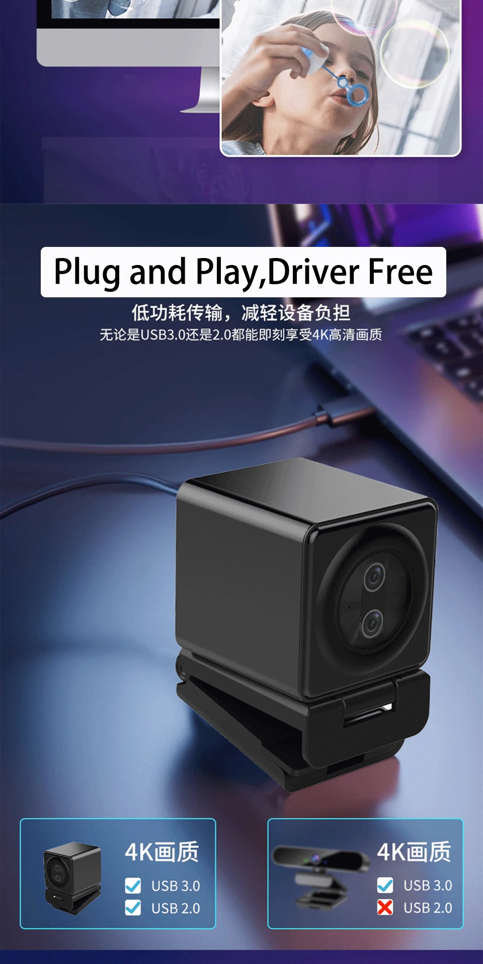 foco automático, transmissão em vida, USB, 30fps-60fps, webcam 4K, zoom 20X, 12MP